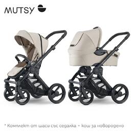 Черно шаси, тъмнокафява дръжка, черни колела + кош + седалка Mutsy EVO, цвят Infinite Sand